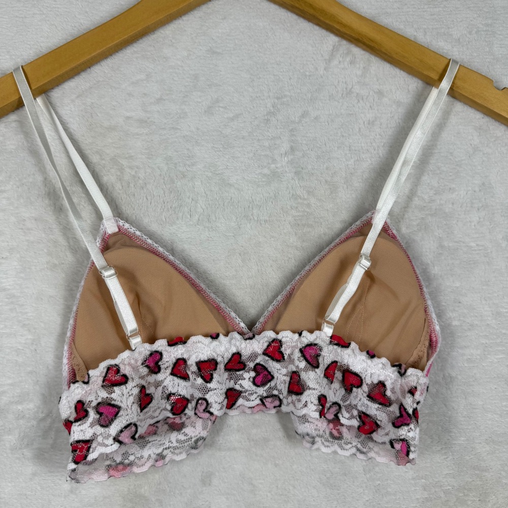 Hanky Panky White Lace Heart Print Triangle Bralette Small Red Pink Made in USA - Picture 7 of 8
